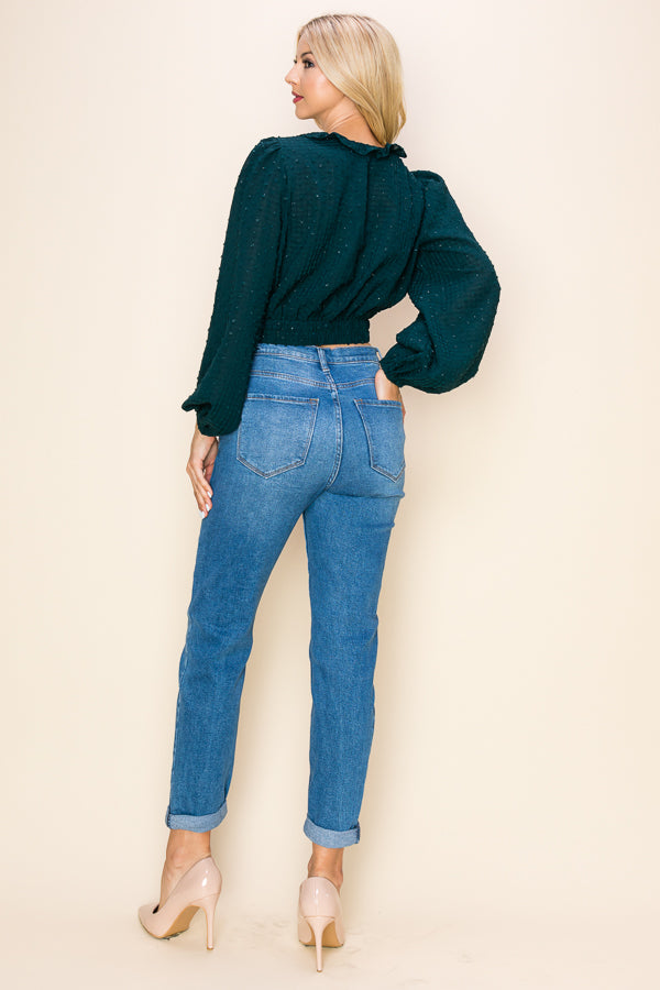 Long Puff Sleeves Ruffle V-Neck Crop Top Bella Moda Latina