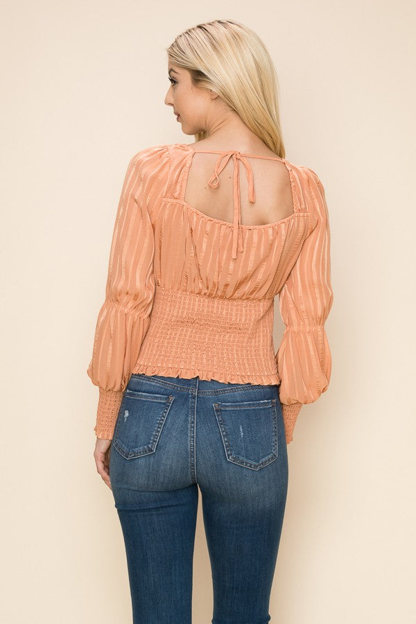 Square Neck Long Sleeve Waist Smocking Stripe Satin Top Bella Moda Latina