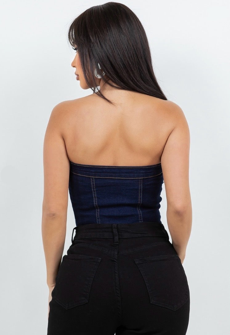 Denim Corset Top – Strapless Bustier Style Bella Moda Latina