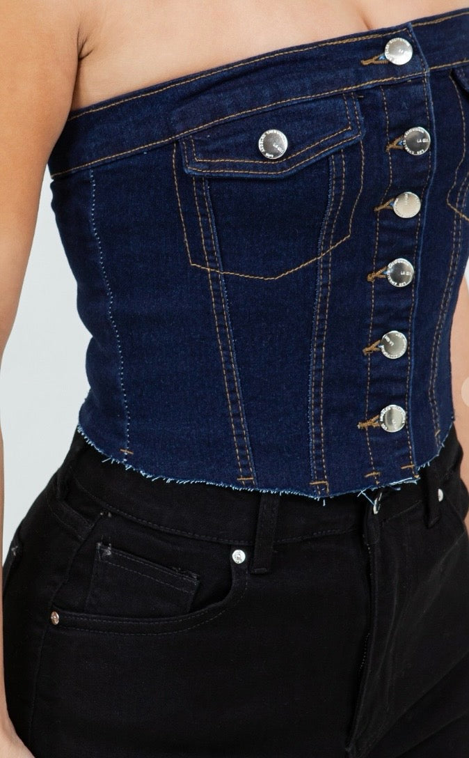 Denim Corset Top – Strapless Bustier Style Bella Moda Latina