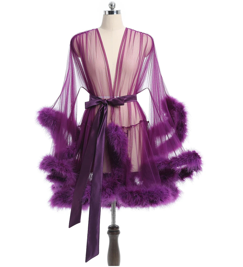 Luxurious Sheer Bridal Robe with Feathered Hem and Satin Tie SelenaHuanStudio