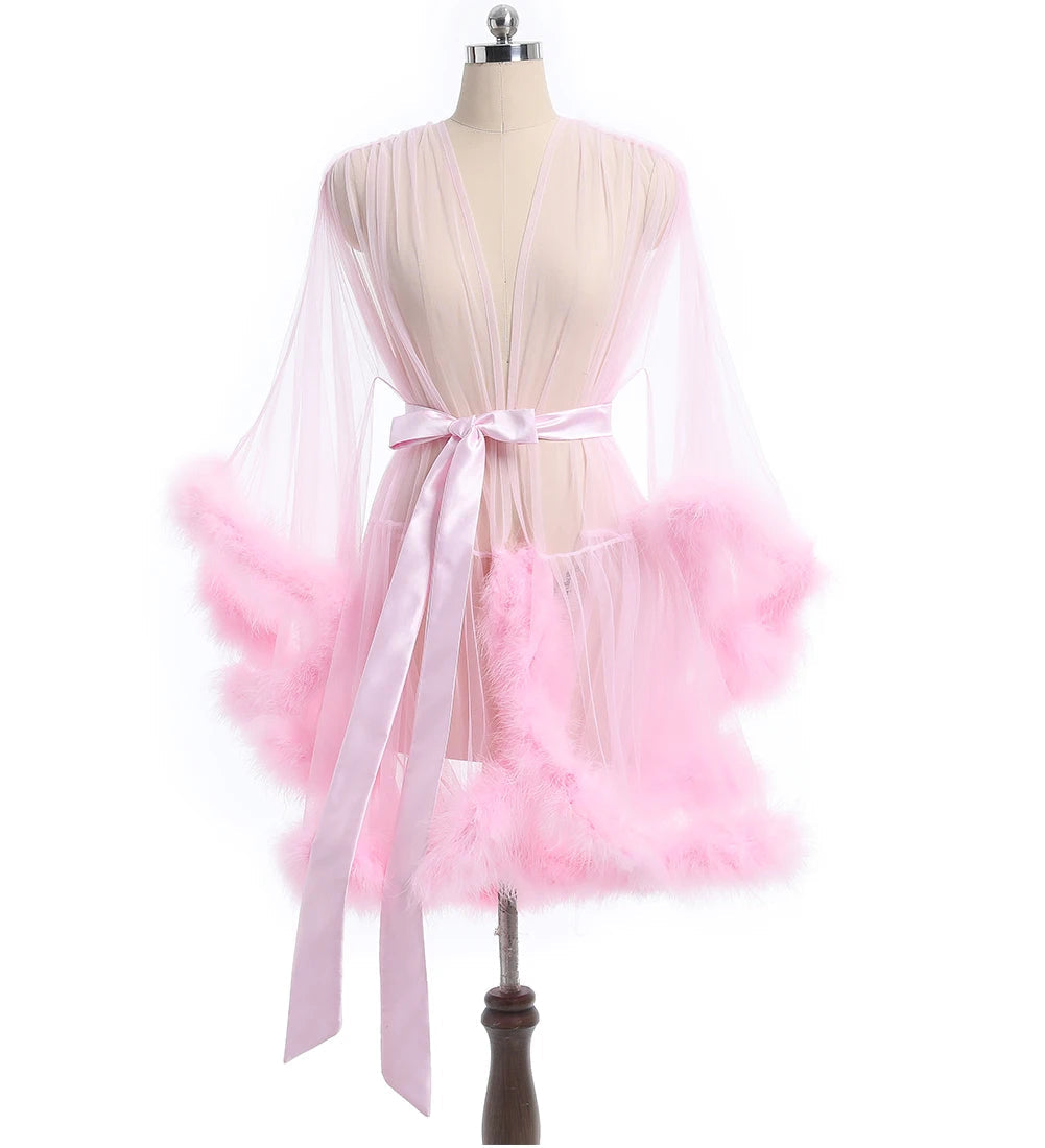 Luxurious Sheer Bridal Robe with Feathered Hem and Satin Tie SelenaHuanStudio