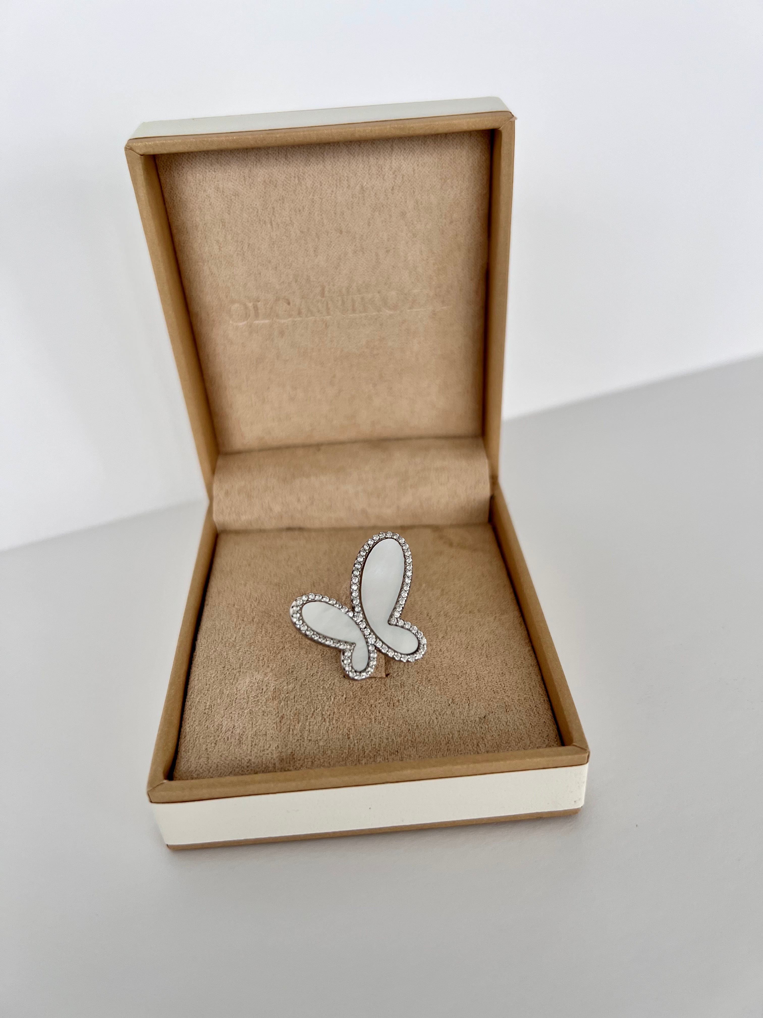 .925 Silver Ring w/ Mother Of Pearl Butterfly encrusted with Cubic Zirconia Jewelry NIKOZA