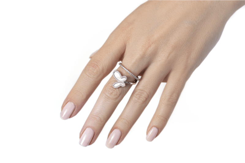 .925 Silver w/ Mother Of Pearl Cubic Zirconia Encrusted Swirl Butterfly Ring Jewelry NIKOZA