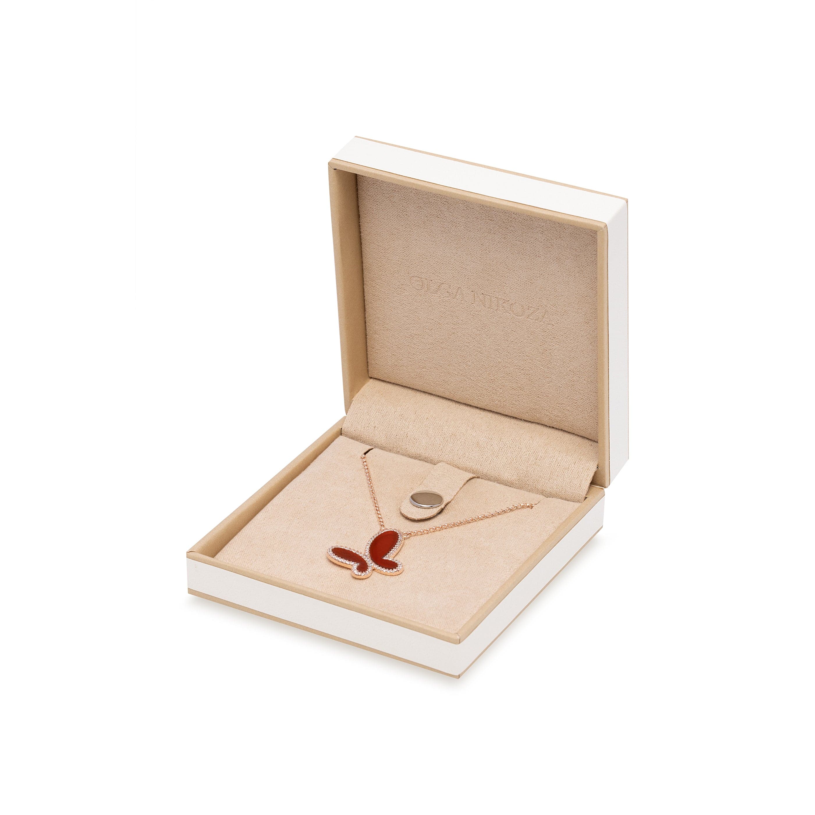Red Agate w/ 18k Gold & Cubic Zirconia Butterfly Necklace Jewelry NIKOZA