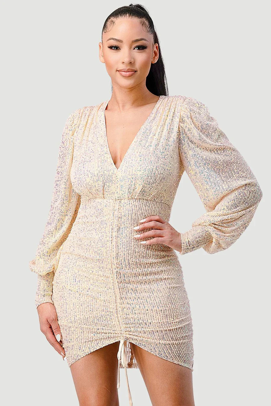 CHIC SEQUIN FRONT DRAWSTRING BISHOP LONG SLEEVE MINI DRESS Bella Moda Latina