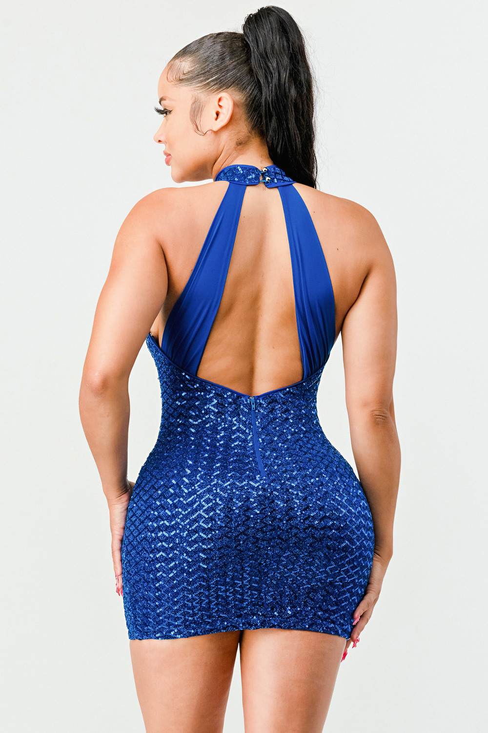 LUX SEQUINS HALTER OPEN BACK SLEEVELESS BODYCON MINI DRESS Bella Moda Latina