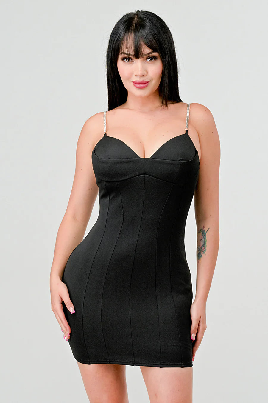 LUX TECHNO EMBELLISHED STRAP BODYCON MINI DRESS Bella Moda Latina