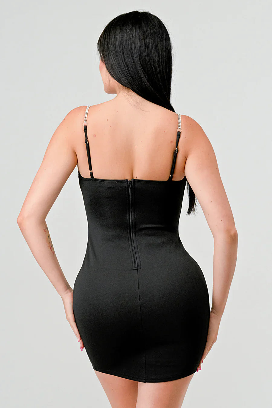 LUX TECHNO EMBELLISHED STRAP BODYCON MINI DRESS Bella Moda Latina