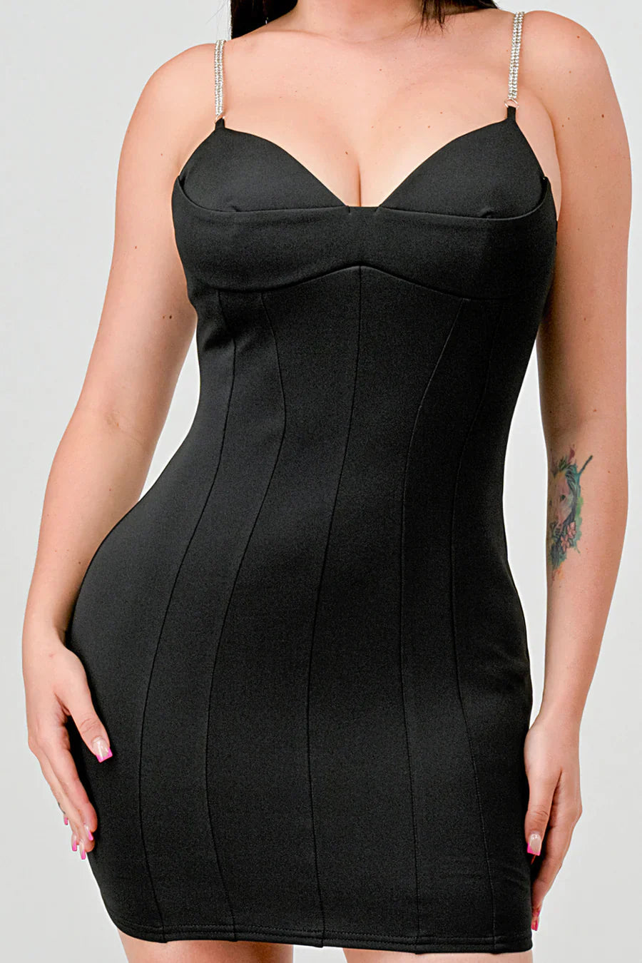 LUX TECHNO EMBELLISHED STRAP BODYCON MINI DRESS Bella Moda Latina