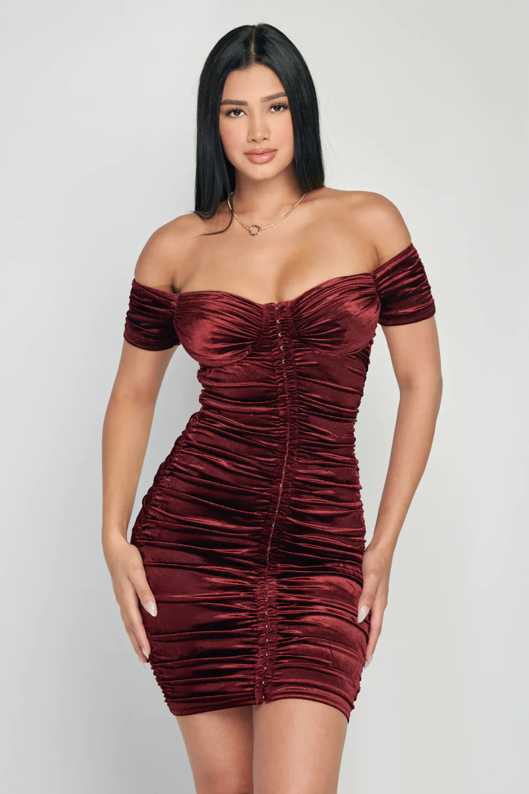 Shiny Velvet Off-Shoulder Ruched Mini Dress Bella Moda Latina