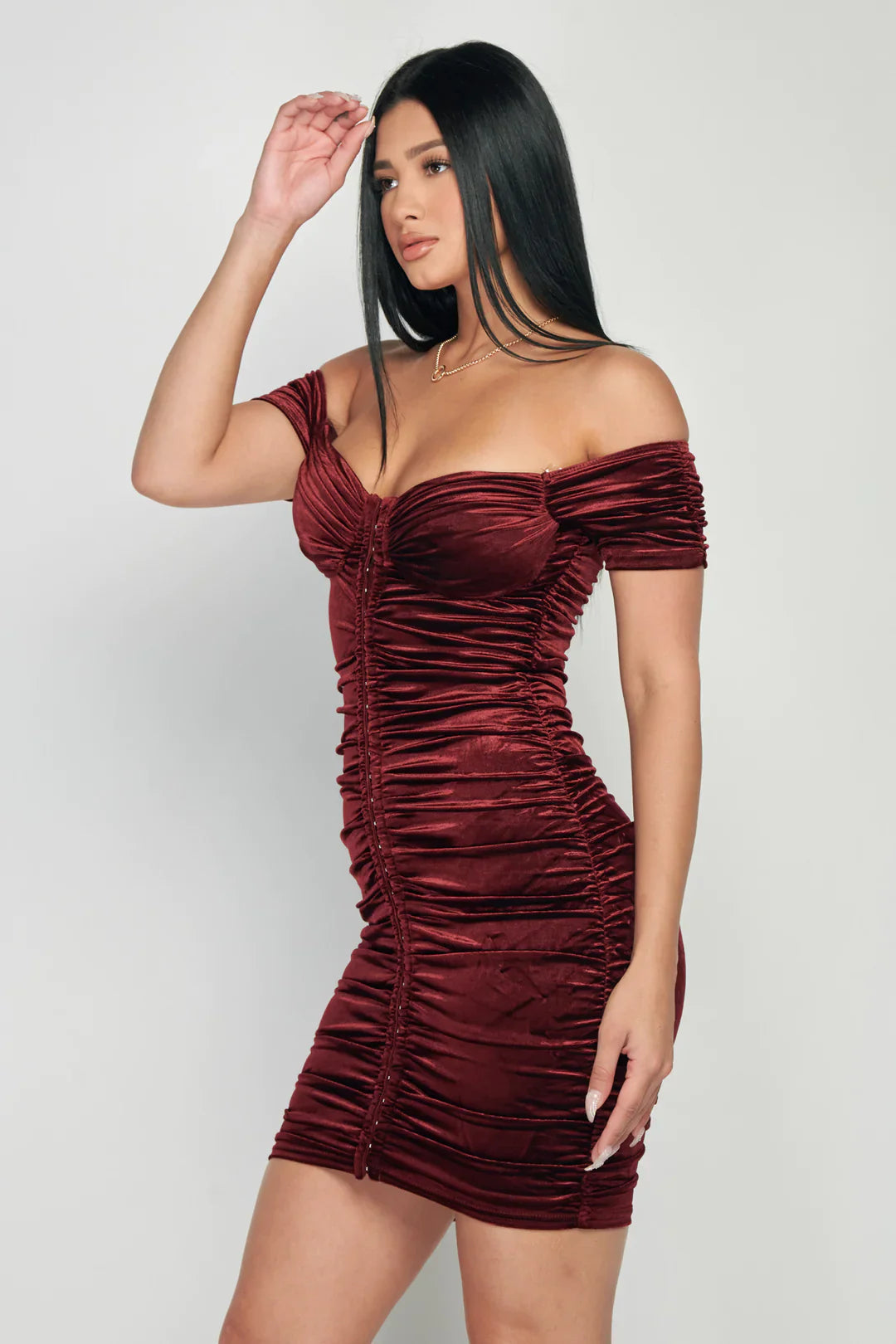 Shiny Velvet Off-Shoulder Ruched Mini Dress Bella Moda Latina