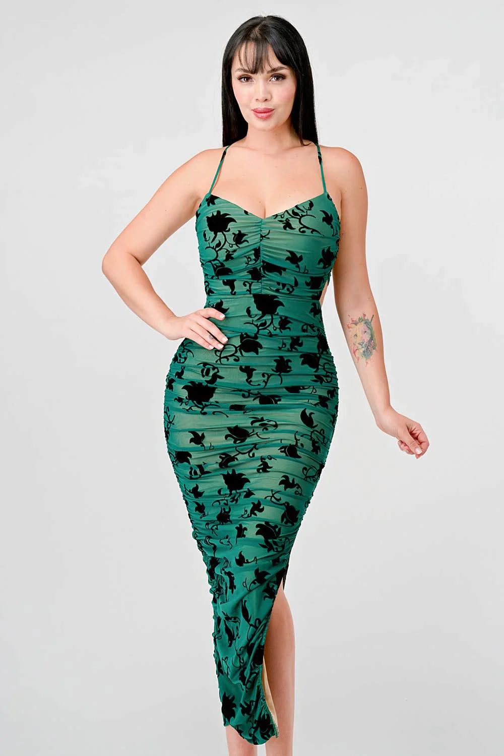 CLASSY MESH VELVET FLOCKING SIDE SLIT DRAWSTRING BACK BODYCON MIDI DRESS Bella Moda Latina