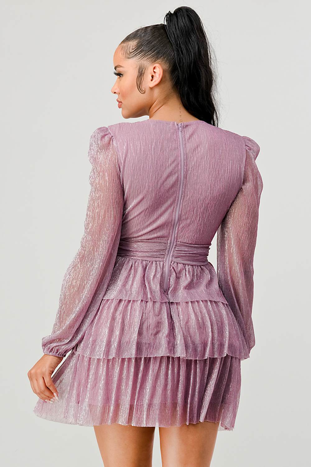 Lux Fantasy Glitter Mini Dress - Deep V-Neck & Tiered Ruffle Skirt Bella Moda Latina