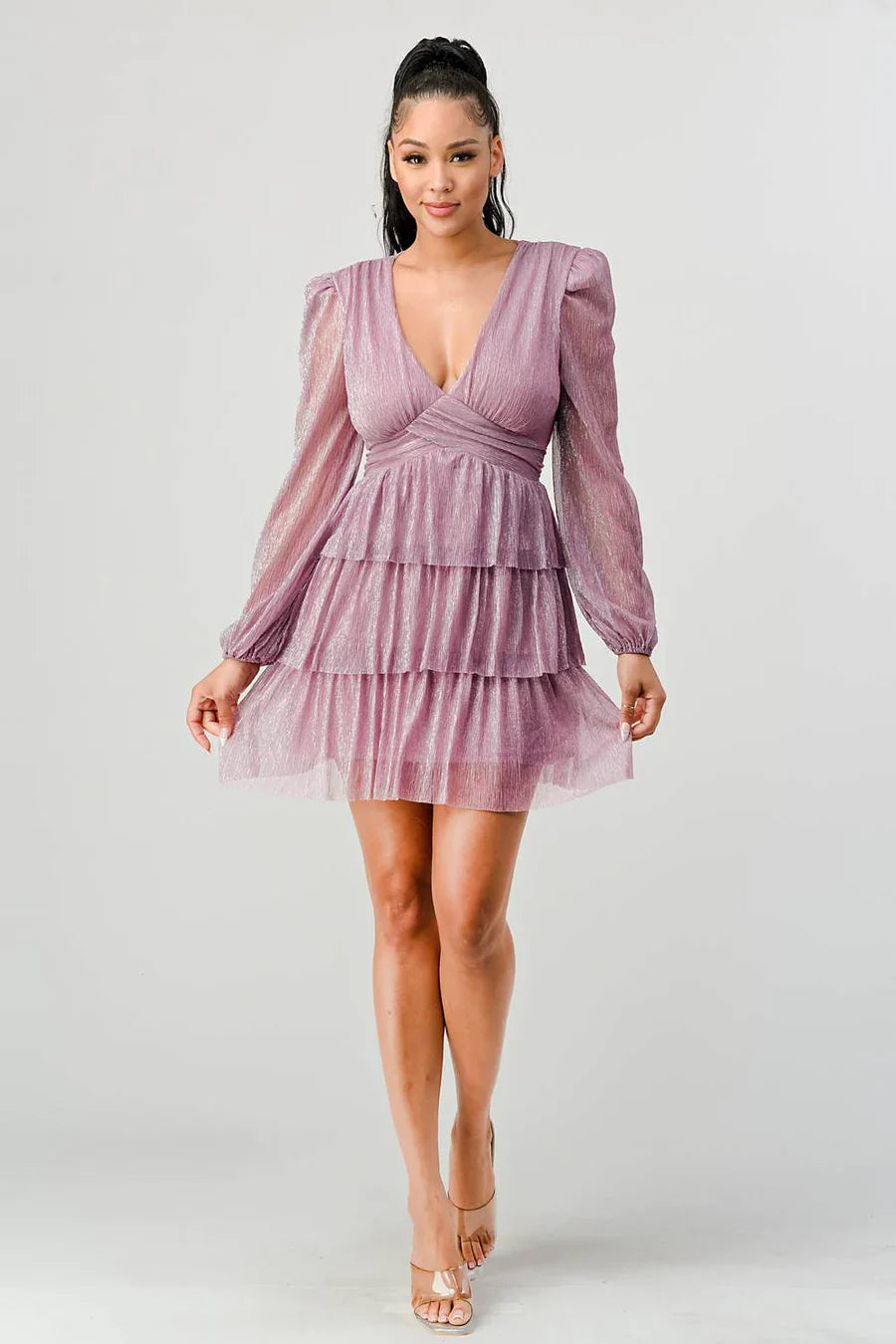 Lux Fantasy Glitter Mini Dress - Deep V-Neck & Tiered Ruffle Skirt Bella Moda Latina