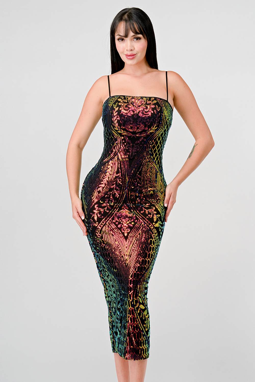 ENCHANTING PATTERN SEQUINS EMBELLISHED BACK SLIT MIDI DRESS Bella Moda Latina