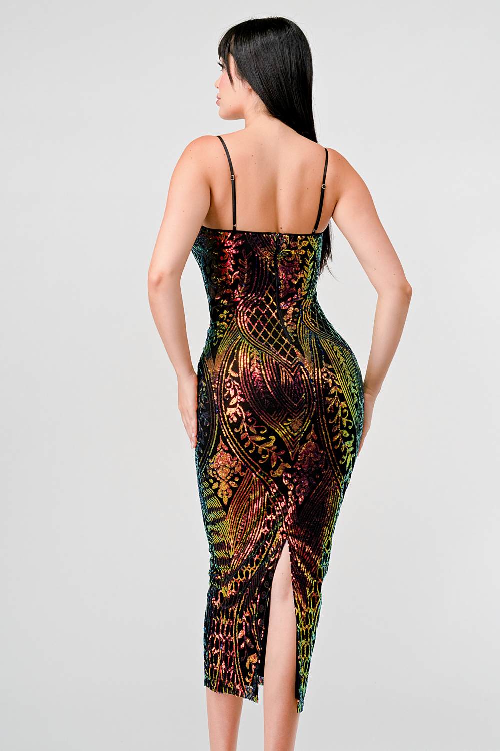 ENCHANTING PATTERN SEQUINS EMBELLISHED BACK SLIT MIDI DRESS Bella Moda Latina