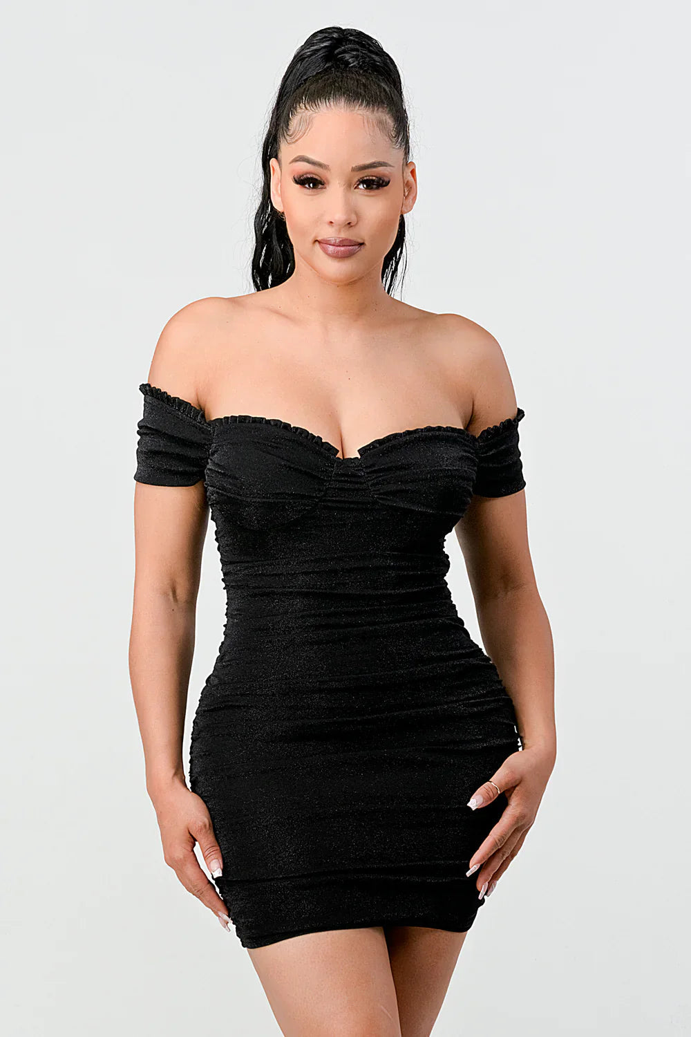 LUX SHINY METALIC GLITTER RUFFLED OFF SHOULDER BODYCON MINI DRESS Bella Moda Latina