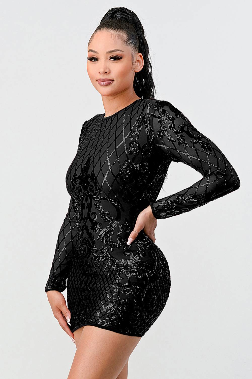 LUX GEO FLORAL SEQUINS BODYCON MINI DRESS Bella Moda Latina