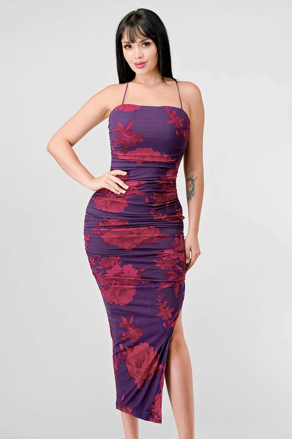FLORAL PRINT MESH SIDE SLIT DRAWSTRING BACK SLITTED BODYCON MIDI DRESS Bella Moda Latina