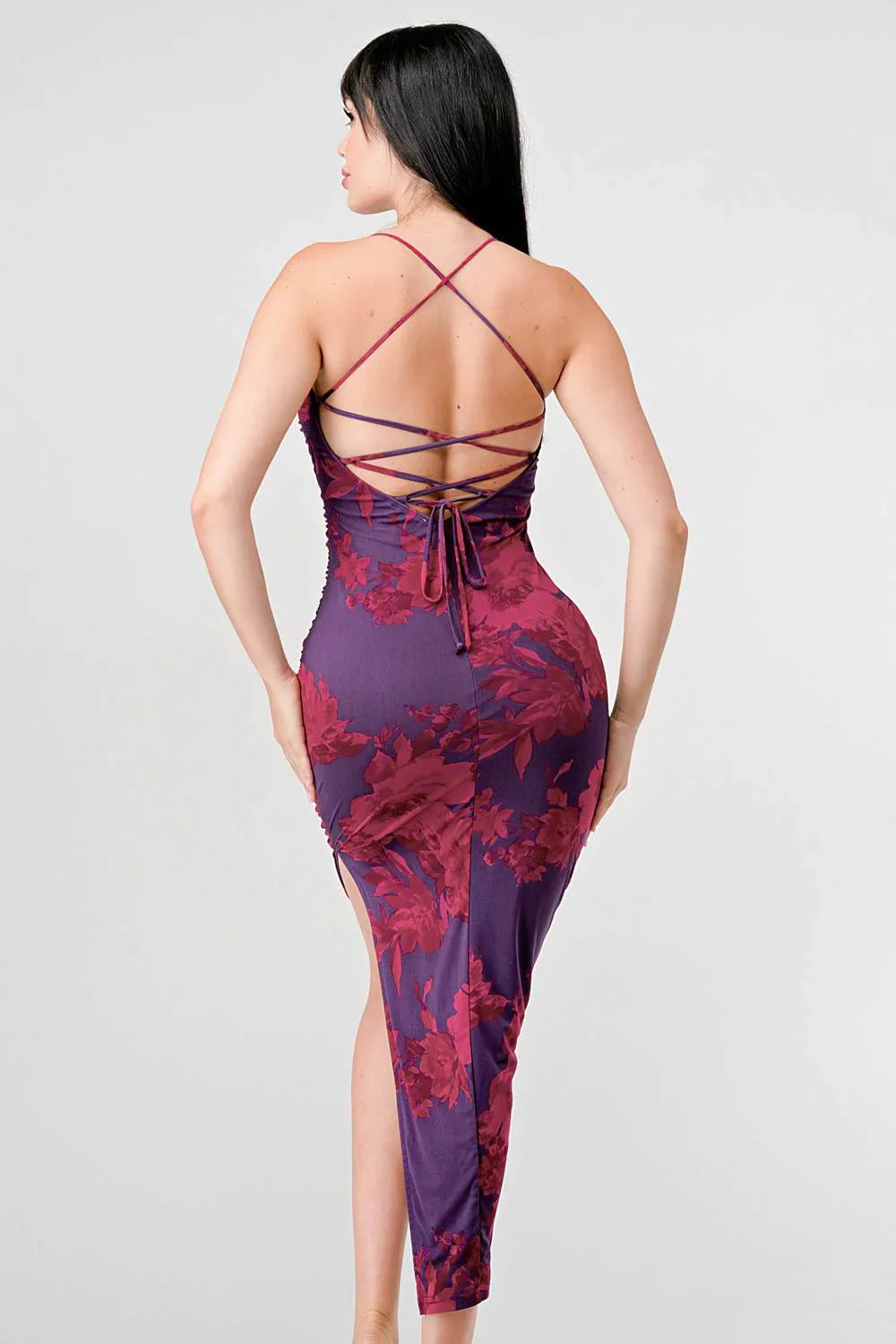 FLORAL PRINT MESH SIDE SLIT DRAWSTRING BACK SLITTED BODYCON MIDI DRESS Bella Moda Latina