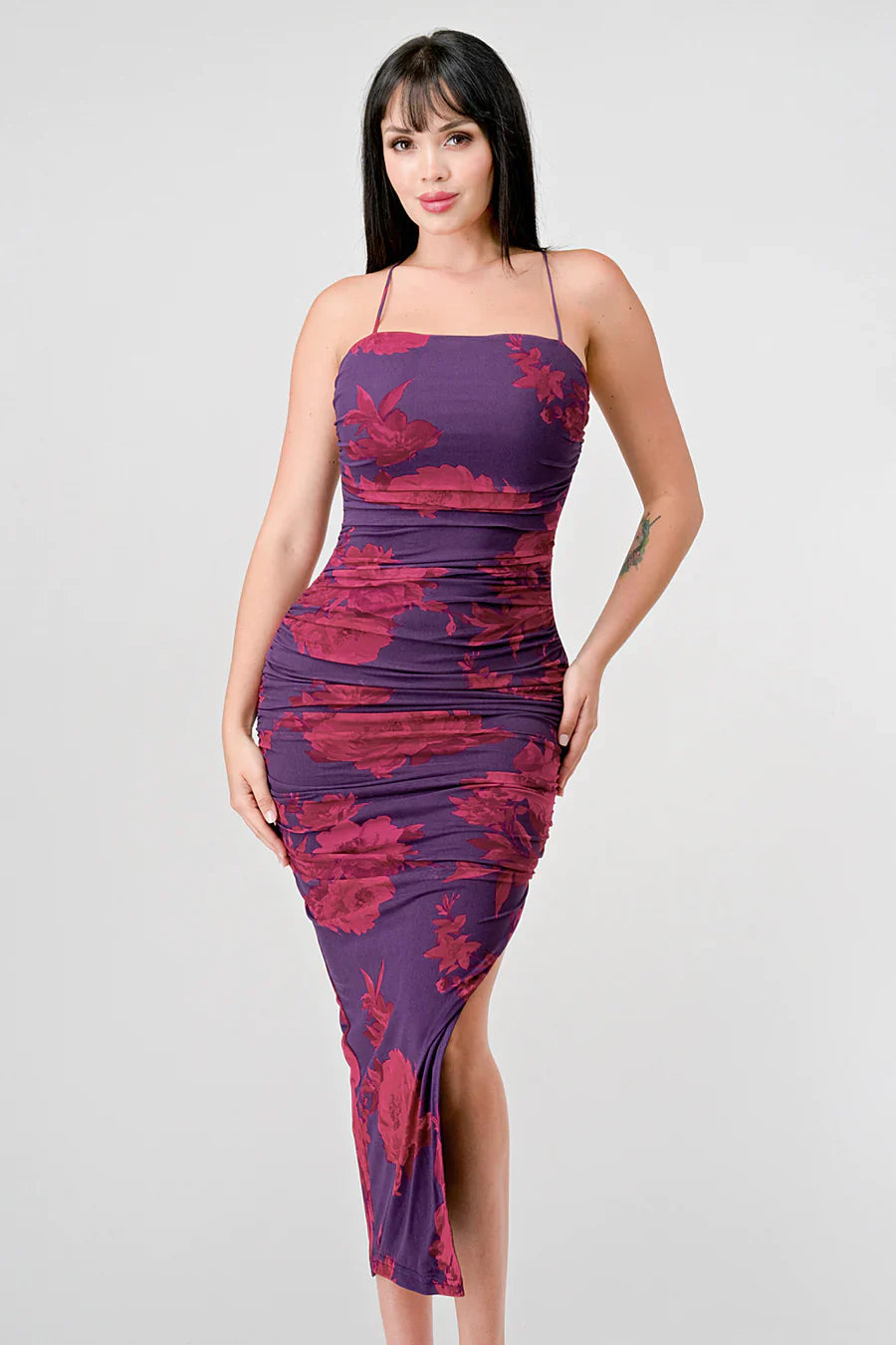 FLORAL PRINT MESH SIDE SLIT DRAWSTRING BACK SLITTED BODYCON MIDI DRESS Bella Moda Latina