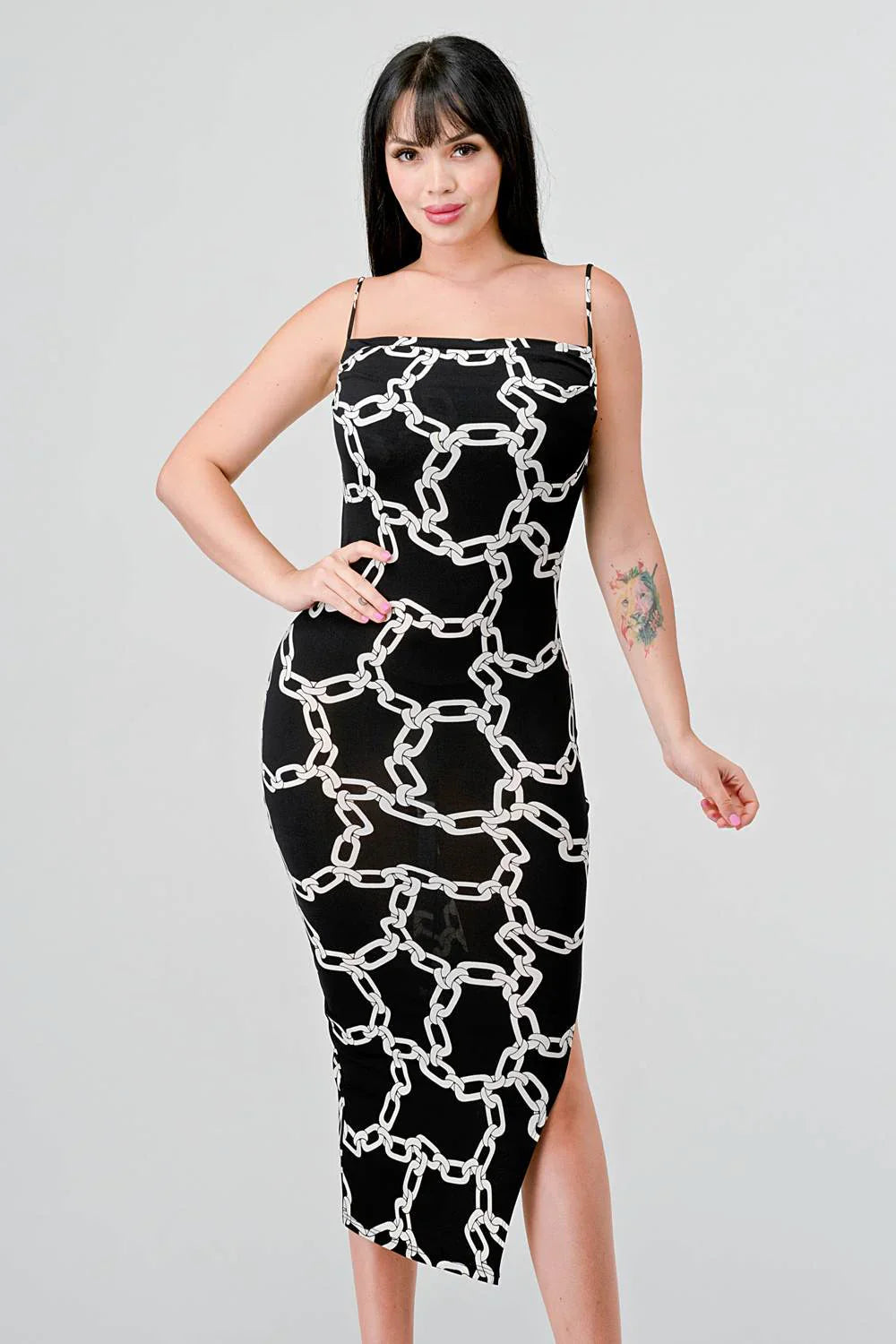 CHIC ALL OVER CHAIN PRINTED SIDE SLIT MIDI DRESS Bella Moda Latina