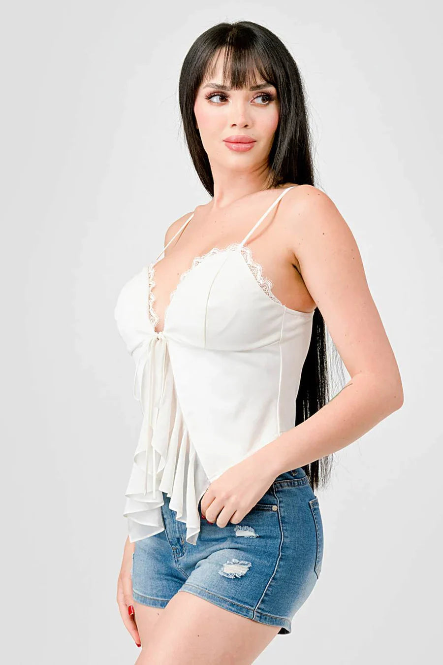 LACE TRIM SWEETHEART DRAWSTRING BOW TIE RUFFLED DRAPED CAMI TOP Bella Moda Latina
