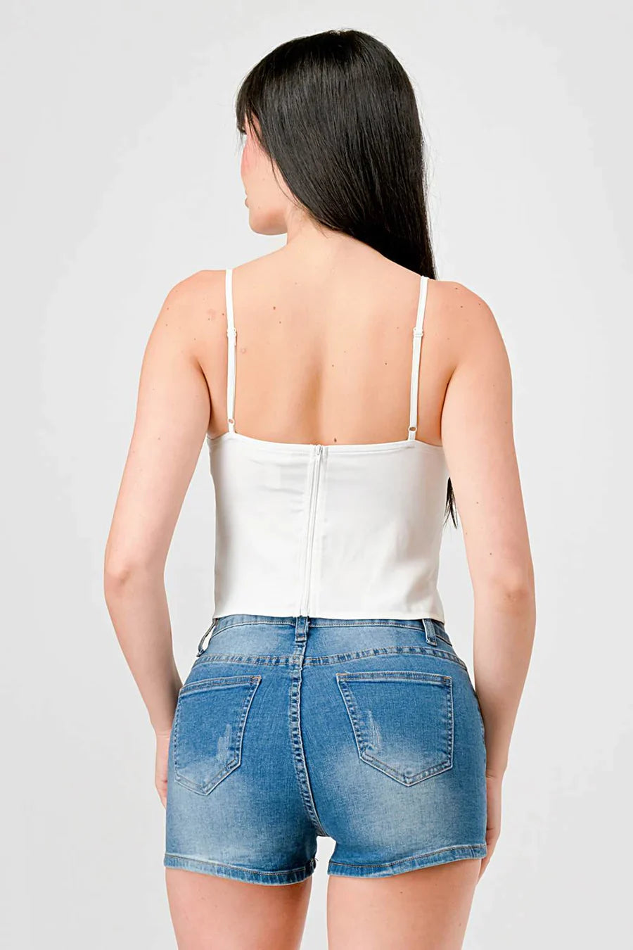 LUXE LACE TRIM SWEETHEART DRAWSTRING BOW ZIPPER CLOSURE BACK CAMI TOP Bella Moda Latina