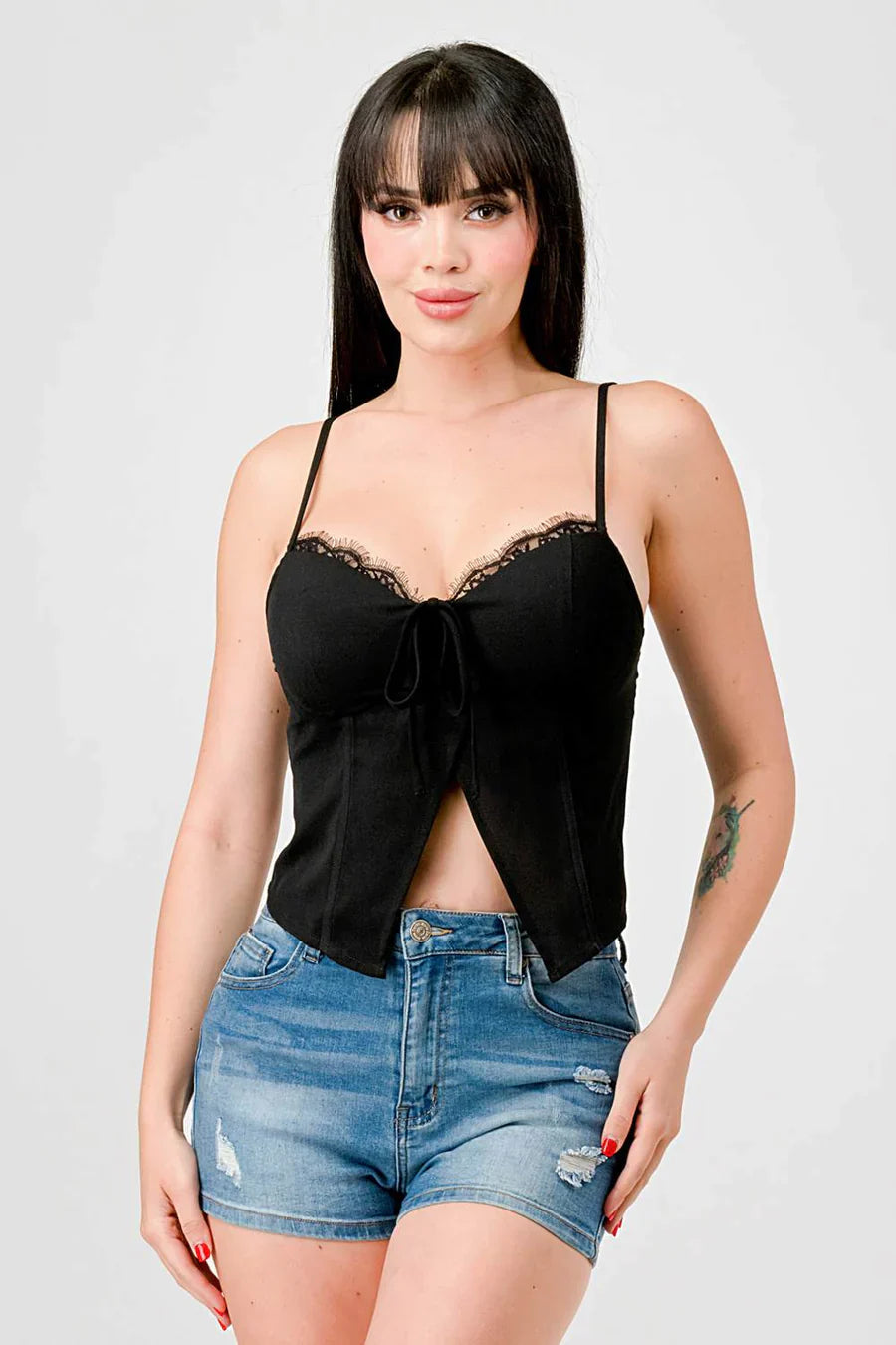 LUXE LACE TRIM SWEETHEART DRAWSTRING BOW ZIPPER CLOSURE BACK CAMI TOP Bella Moda Latina
