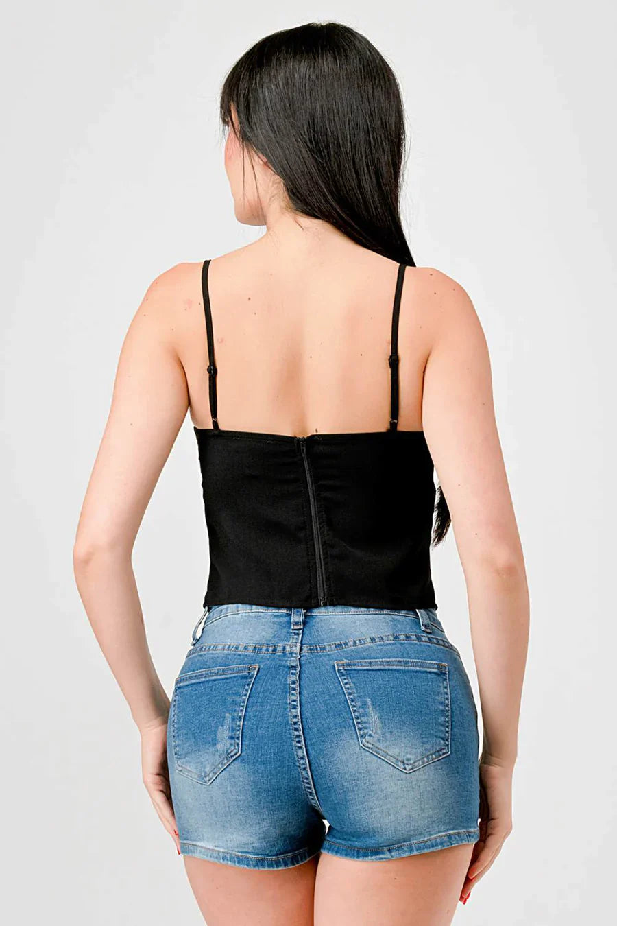 LUXE LACE TRIM SWEETHEART DRAWSTRING BOW ZIPPER CLOSURE BACK CAMI TOP Bella Moda Latina