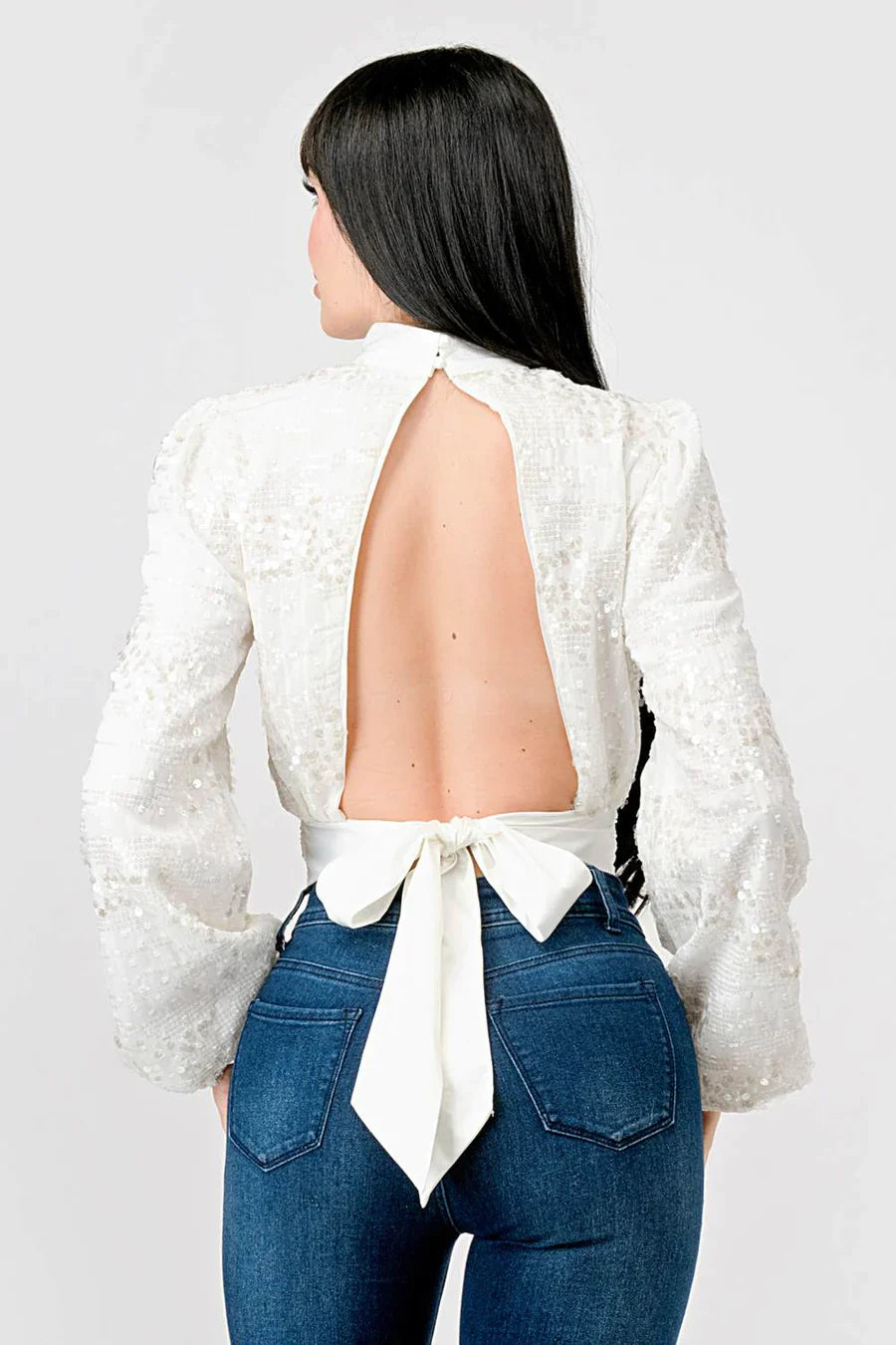 LUXE SEQUINS TEXTURE SATIN OPEN BACK TIE CROPPED TOP Bella Moda Latina