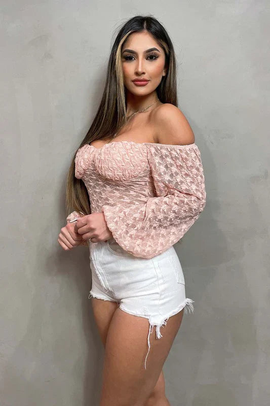 LUXE SHEER LACE OFF SHOULDER LONG SLEEVE BODYSUIT Bella Moda Latina