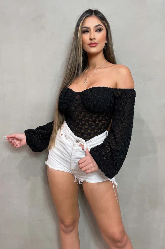 LUXE SHEER LACE OFF SHOULDER LONG SLEEVE BODYSUIT Bella Moda Latina