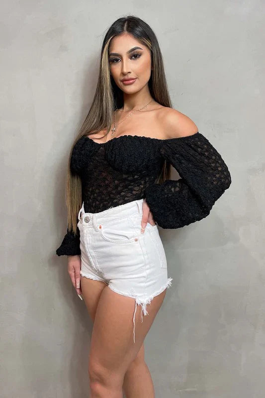 LUXE SHEER LACE OFF SHOULDER LONG SLEEVE BODYSUIT Bella Moda Latina