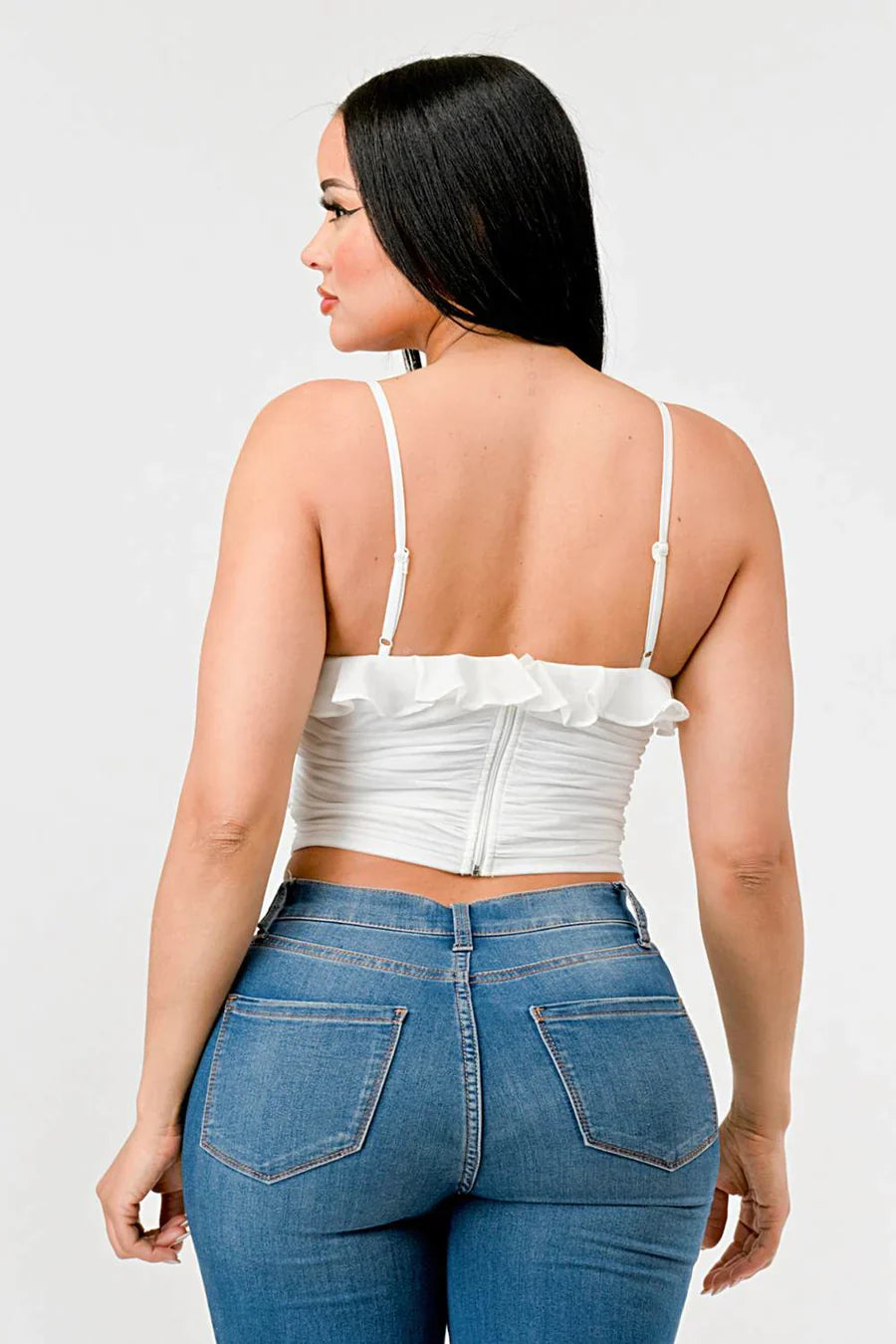 MESH CONTRAST RUCHED SWEETHEART WITH CHIFFON CAMISOLE RUFFLED CROPPED TOP Bella Moda Latina
