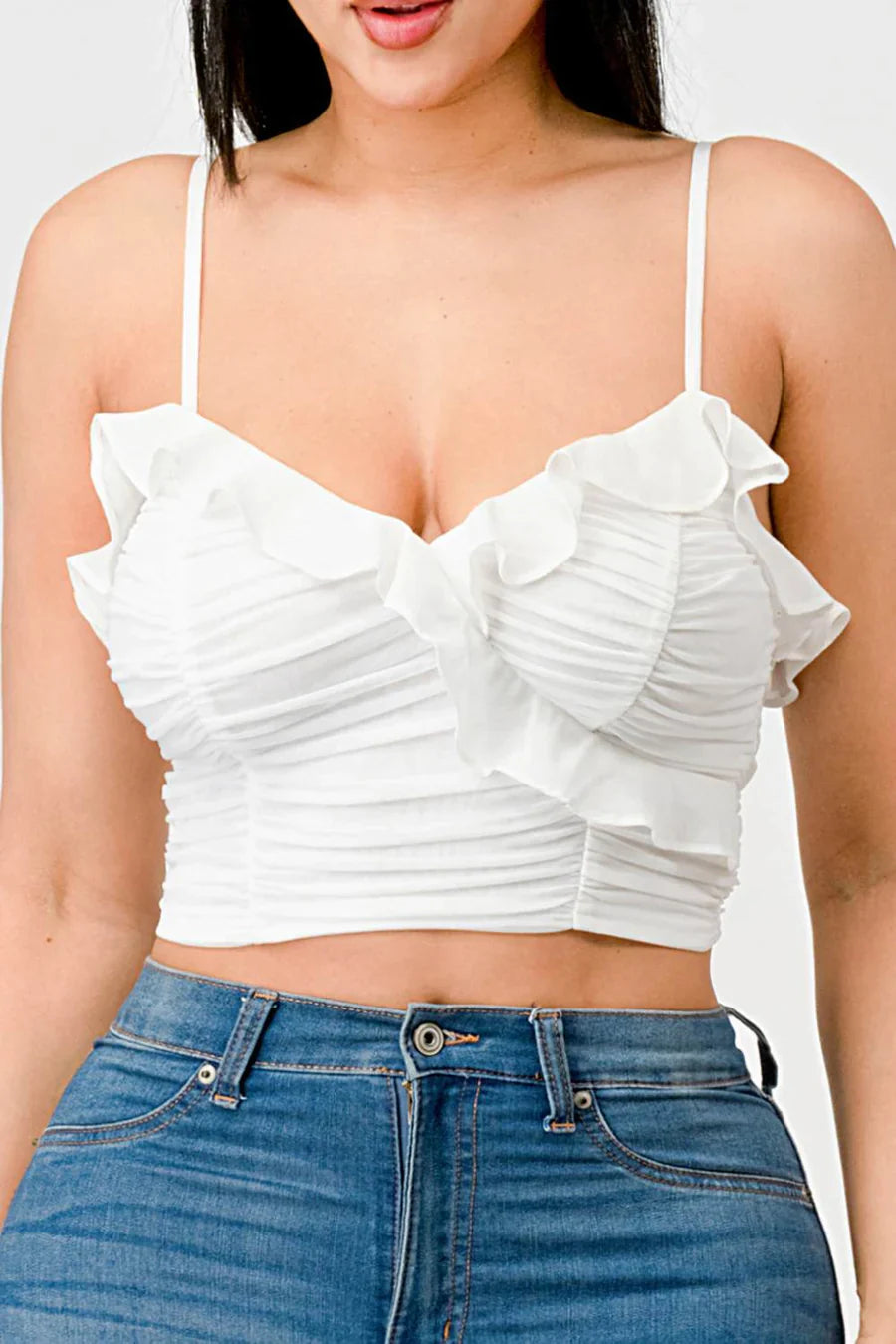 MESH CONTRAST RUCHED SWEETHEART WITH CHIFFON CAMISOLE RUFFLED CROPPED TOP Bella Moda Latina