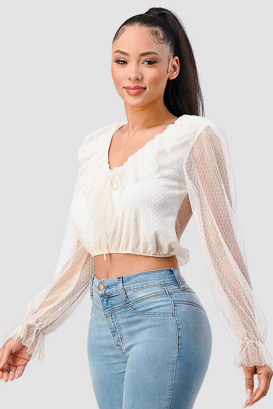 POLKA DOT MESH V-NECK RUFFLE DRAPED DRAWSTRING BOW PUFF LONG SLEEVES CROPPED TOP Bella Moda Latina