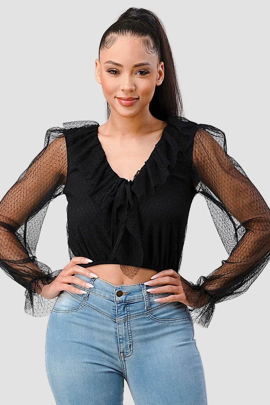 POLKA DOT MESH V-NECK RUFFLE DRAPED DRAWSTRING BOW PUFF LONG SLEEVES CROPPED TOP Bella Moda Latina