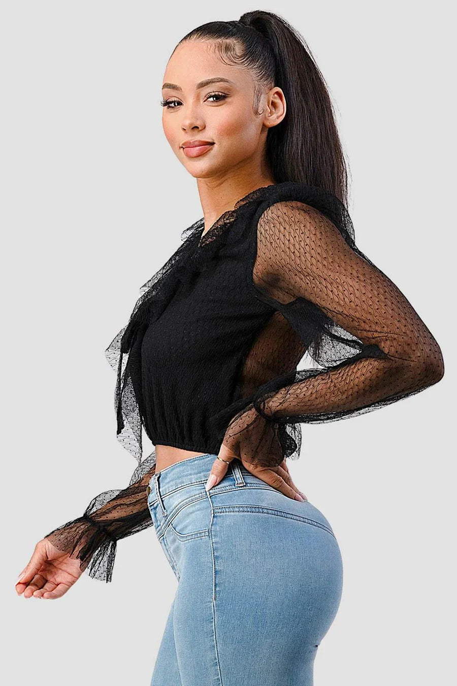 POLKA DOT MESH V-NECK RUFFLE DRAPED DRAWSTRING BOW PUFF LONG SLEEVES CROPPED TOP Bella Moda Latina