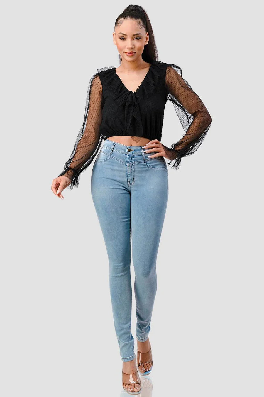 POLKA DOT MESH V-NECK RUFFLE DRAPED DRAWSTRING BOW PUFF LONG SLEEVES CROPPED TOP Bella Moda Latina