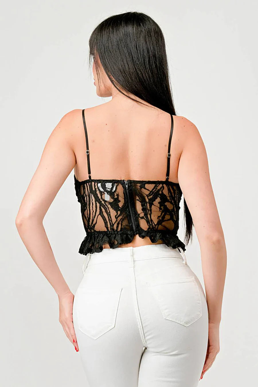 SUPER STRETCH COTTON LACE SWEETHEART DRAWSTRING RUFFLED CROPPED CAMI TOP Bella Moda Latina