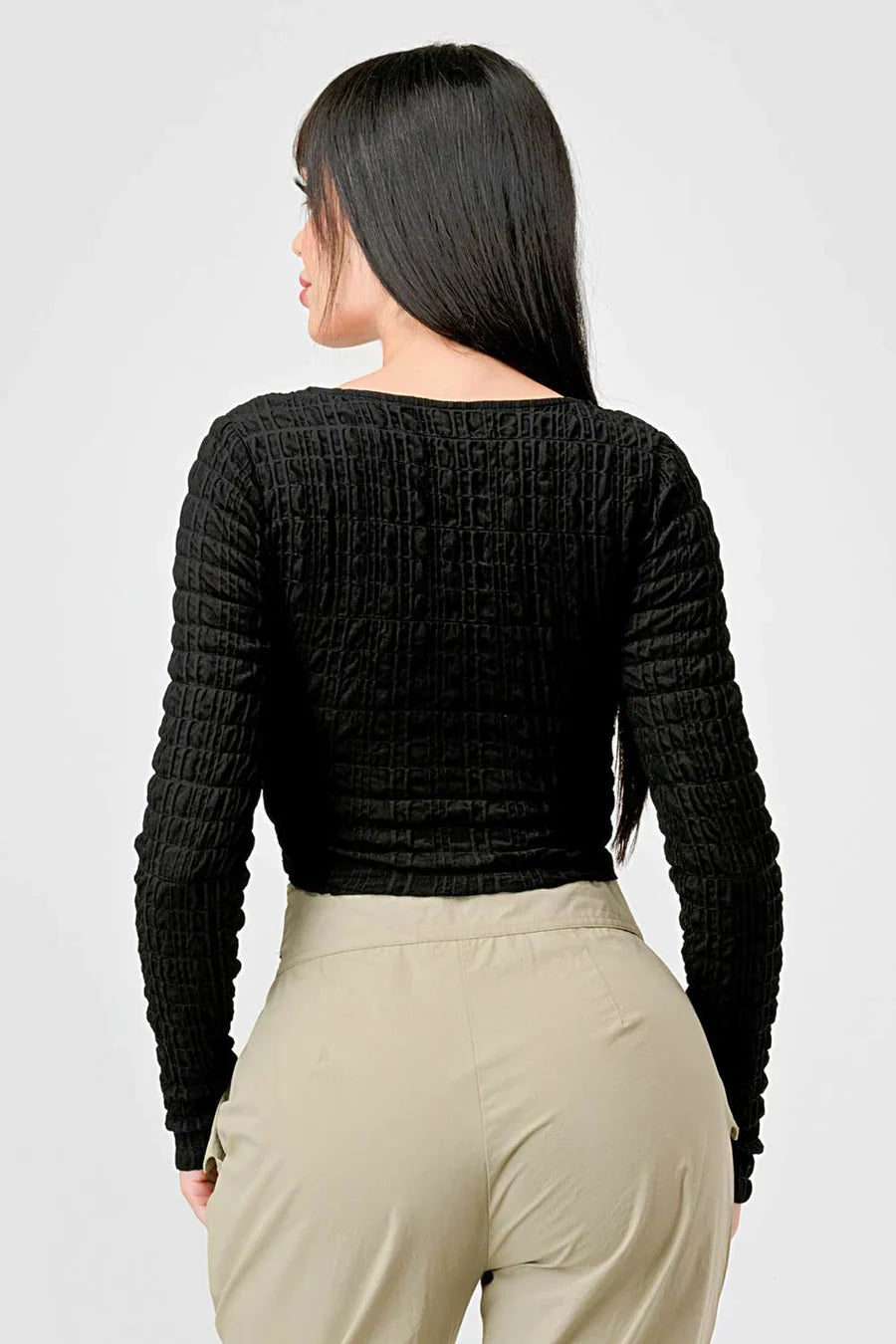 TEXTURED SWEETHEART LONG SLEEVES CROPPED TOP Bella Moda Latina