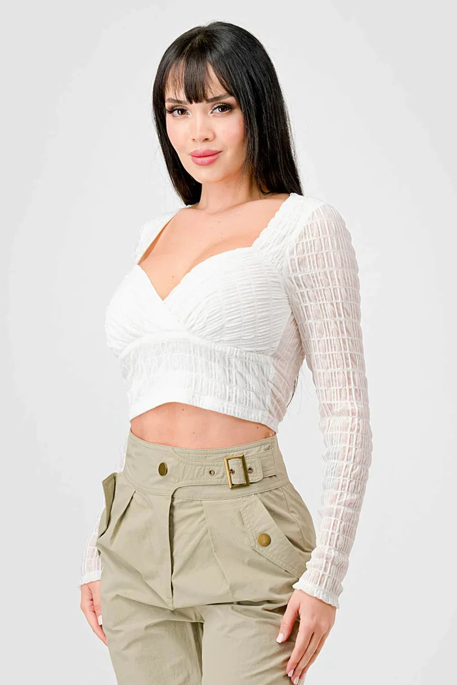 TEXTURED SWEETHEART LONG SLEEVES CROPPED TOP Bella Moda Latina