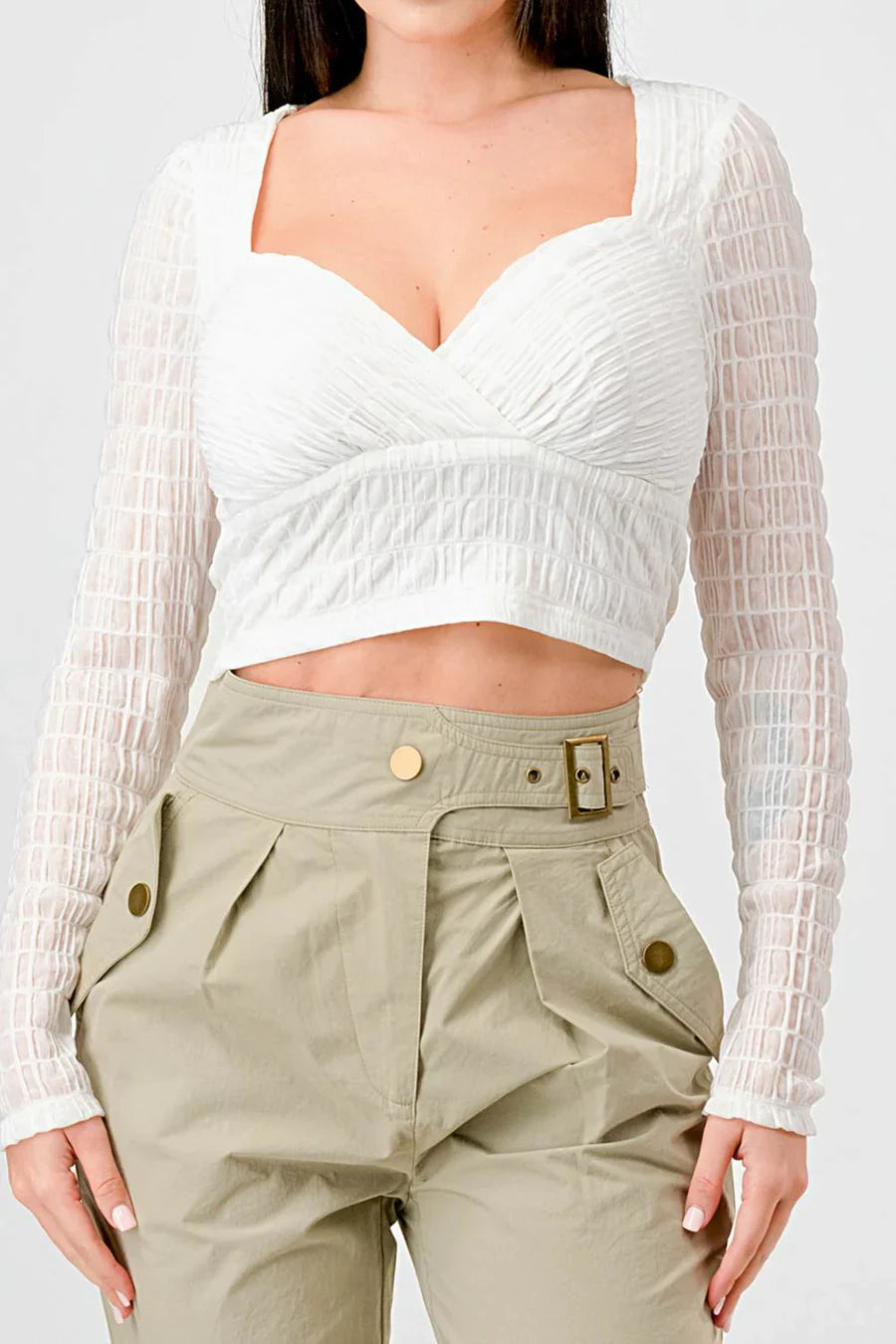 TEXTURED SWEETHEART LONG SLEEVES CROPPED TOP Bella Moda Latina