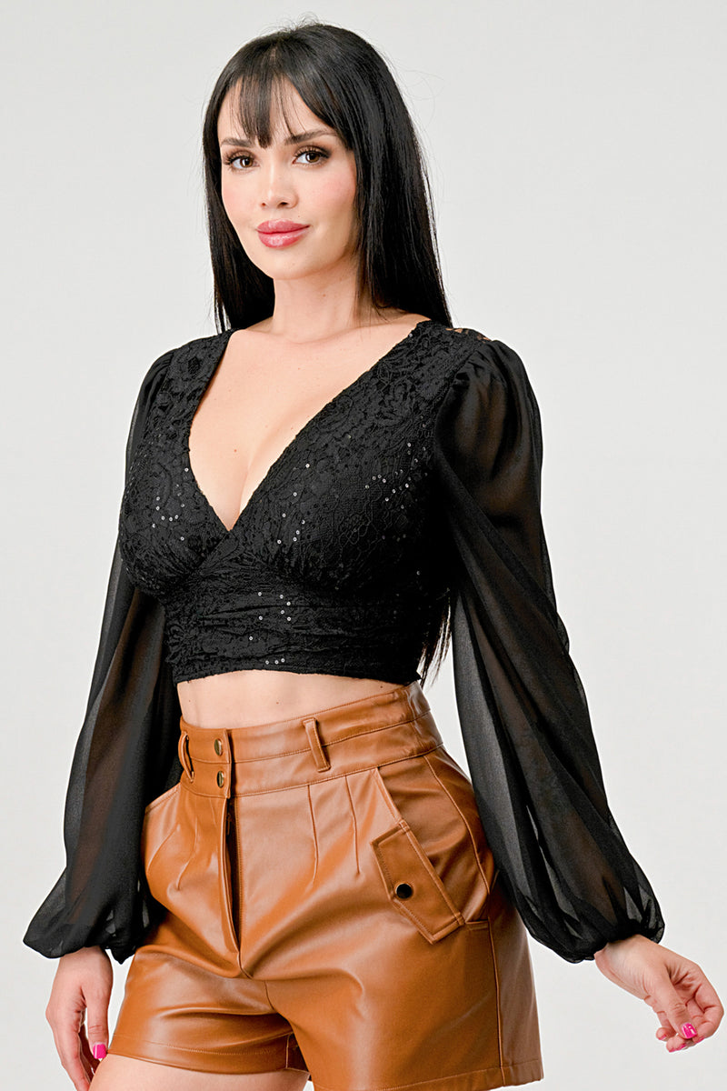 Luxe Lace Sequin Crop Top with Sheer Long Sleeves – Black or White Bella Moda Latina