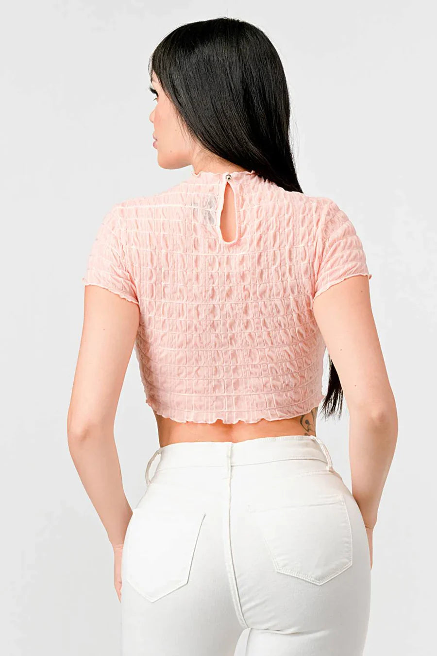TEXTURED RUFFLED HEM KEYHOLE BACK ASYMMETRICAL CROPPED TOP Bella Moda Latina