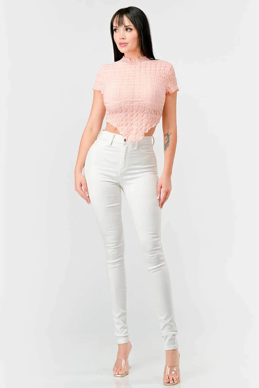 TEXTURED RUFFLED HEM KEYHOLE BACK ASYMMETRICAL CROPPED TOP Bella Moda Latina