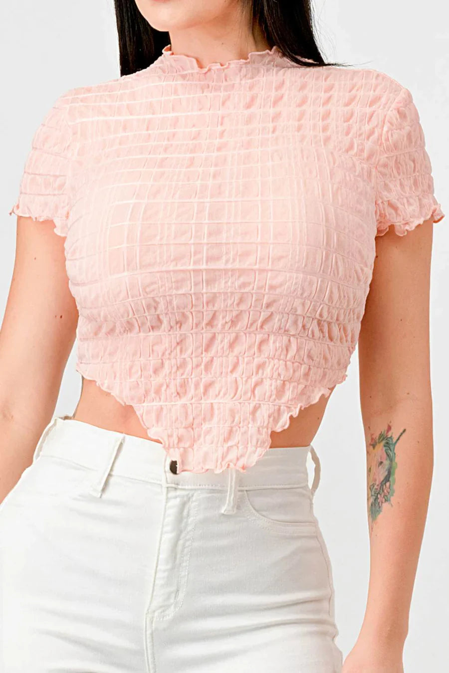 TEXTURED RUFFLED HEM KEYHOLE BACK ASYMMETRICAL CROPPED TOP Bella Moda Latina