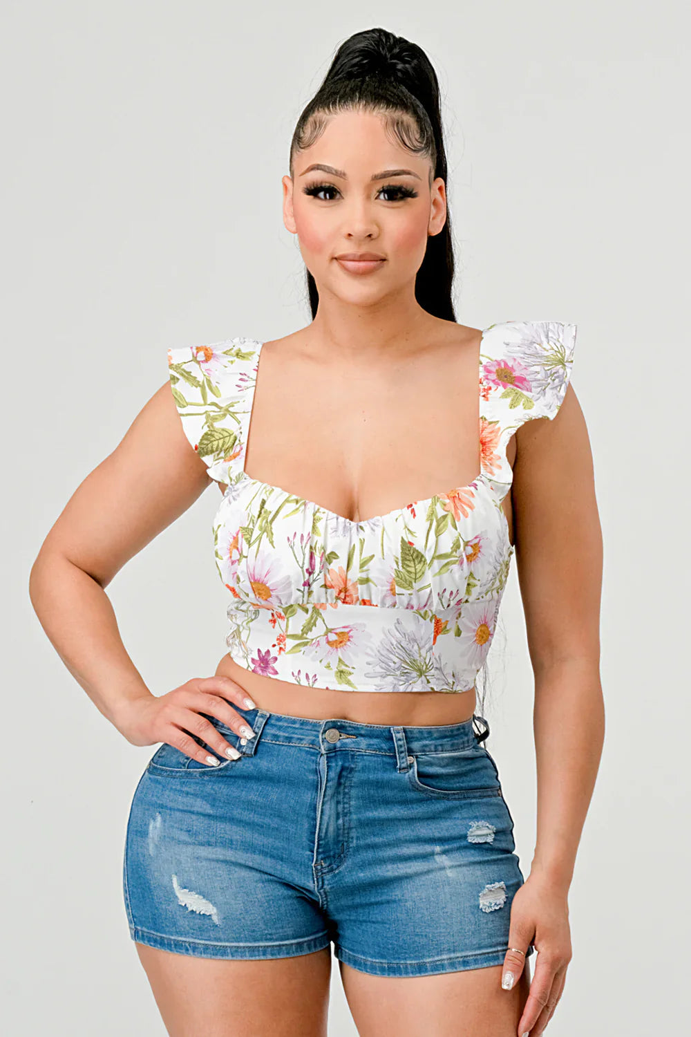 FLORAL SWEETHEART RUCHED FLUTTER SLEEVES CROPPED TOP Bella Moda Latina